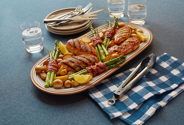 Saucy Family Style BBQ Chicken with Bacon Wrapped Asparagus Bundles